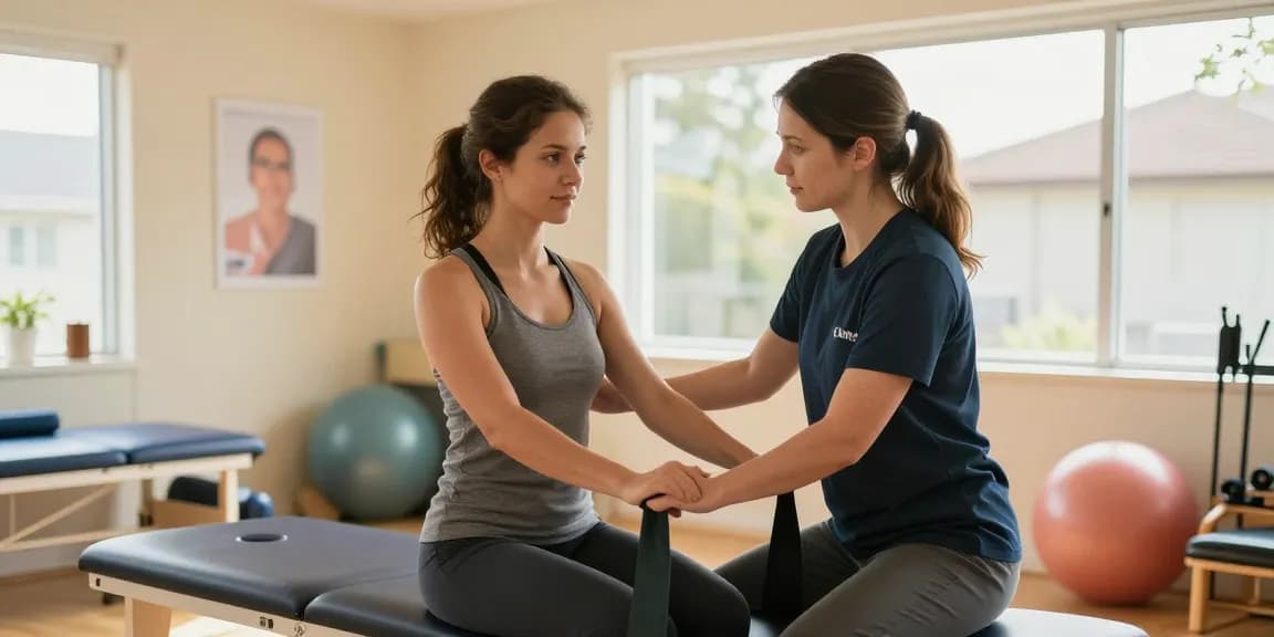 Physiotherapy burlington session featuring a therapist guiding a patient through rehabilitation exercises in a bright, welcoming clinic.