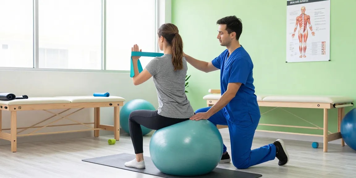Physiotherapy burlington clinic scene with therapist and patient engaging in rehabilitation exercises.