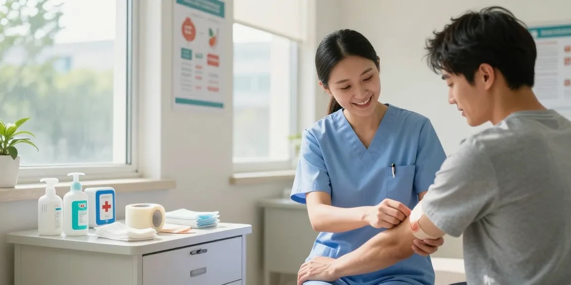 Healthcare professional applying bandage tape with a patient in a sunlit clinic