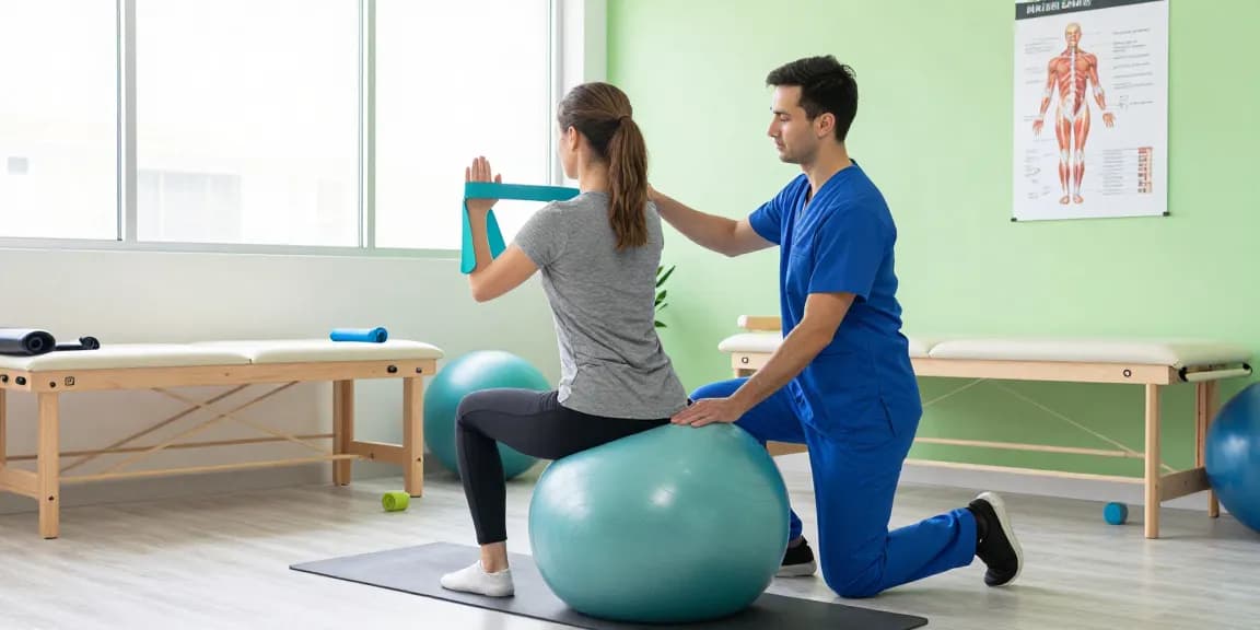 Physiotherapy burlington clinic scene with therapist and patient engaging in rehabilitation exercises.