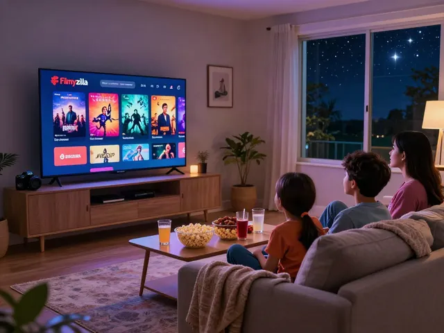 A family enjoying a movie night using the Filmyzilla app on a smart TV in a cozy living room.