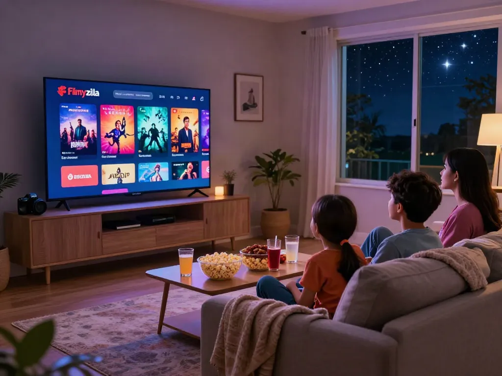 A family enjoying a movie night using the Filmyzilla app on a smart TV in a cozy living room.