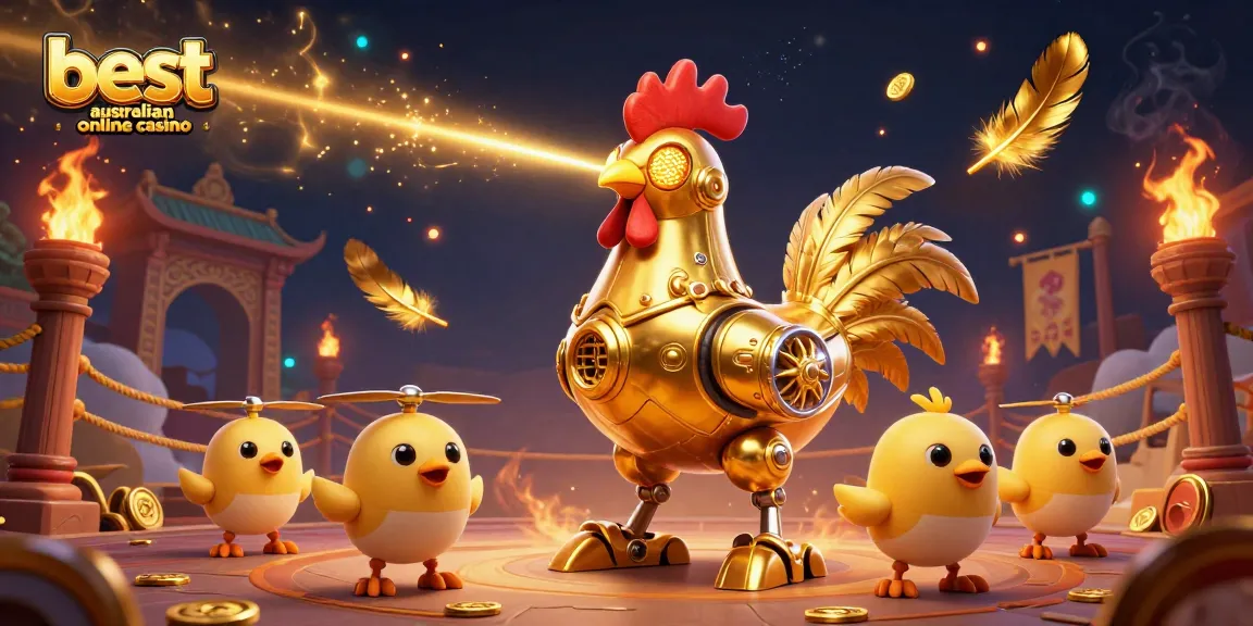 Experience the excitement of the best australian online casino with a dynamic illustration featuring a golden rooster robot and baby chick drones.