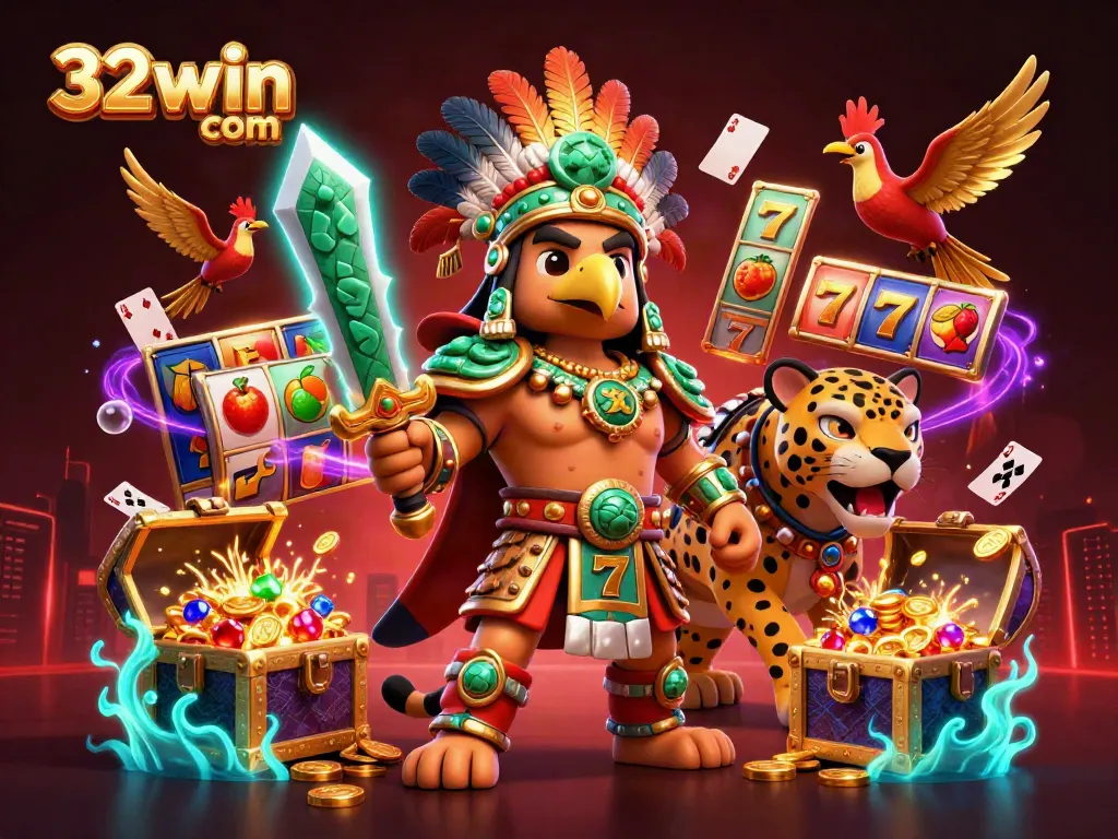 Experience excitement at 32win com with an Aztec warrior, jackpot slots, and dynamic scenes filled with adventure.