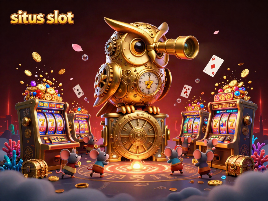 Experience the thrill of situs slot with a vibrant 3D scene featuring a golden owl and casino elements.