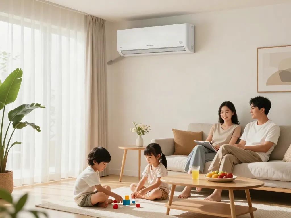 Family enjoying summer indoors with split ac unit providing cooling comfort.