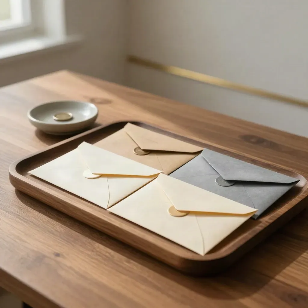 Bill-payment tray with envelopes, coin dish and stone paperweight on a warm desktop.
