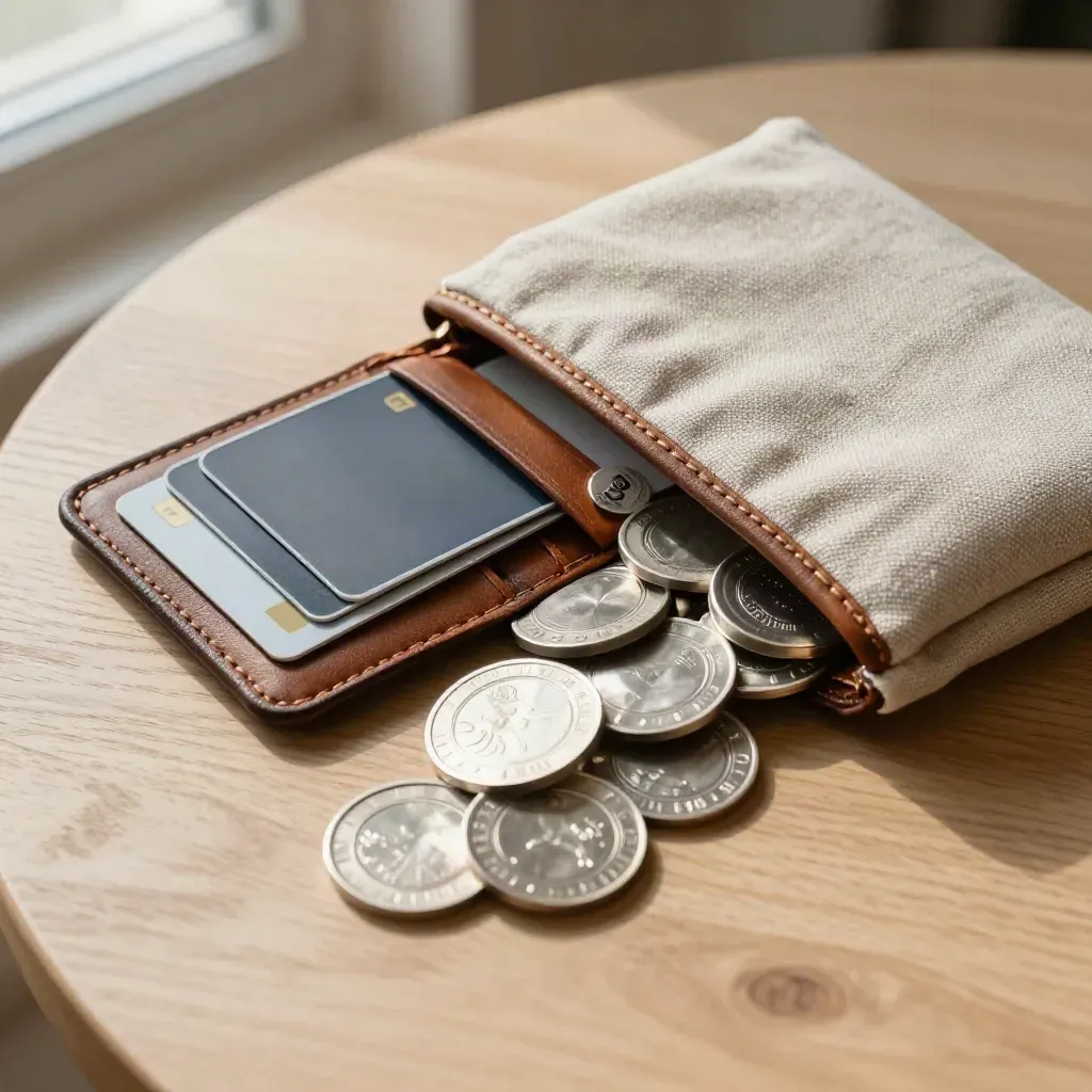 Opened multi-currency wallet with cards, currency chips and linen pouch on a pale oak table