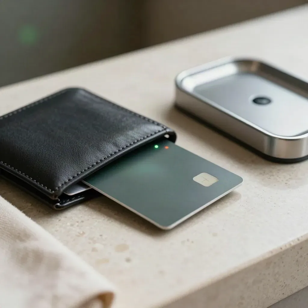 Matte prepaid debit card half-slid from a wallet beside a contactless dock on travertine.