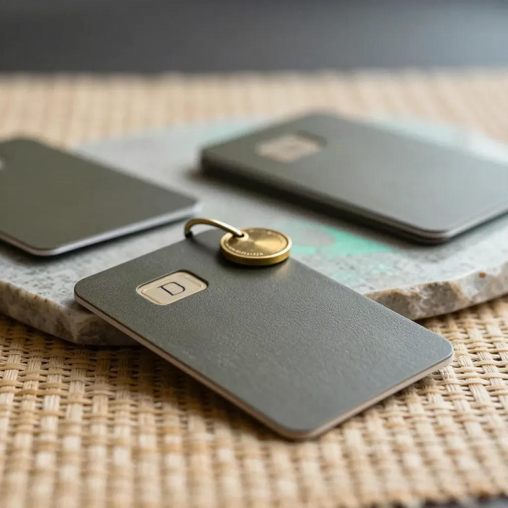 Two wallet cards, stone trays, and a brass link token on a woven mat.