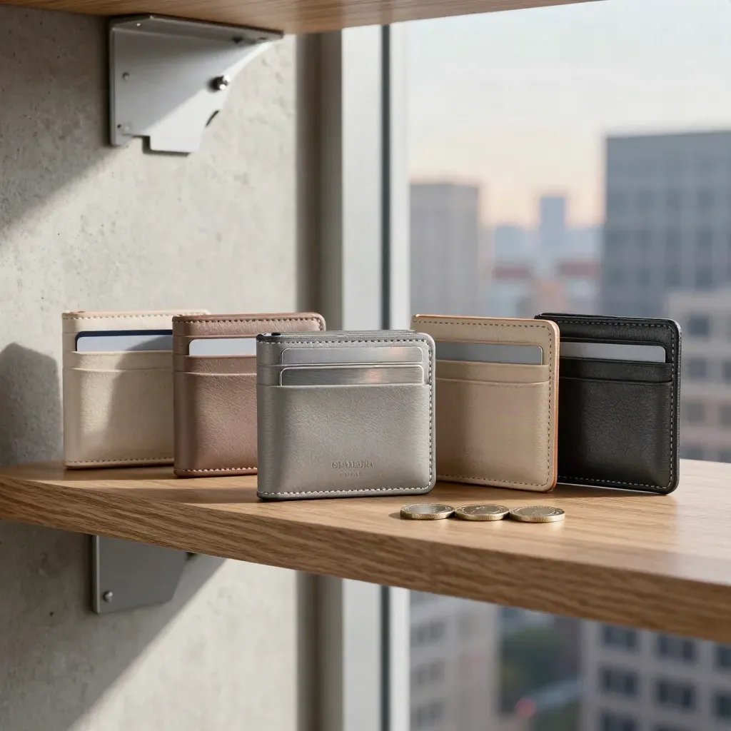 Tidy finance shelf with card cases, a wallet and currency tokens by a blurred city window.