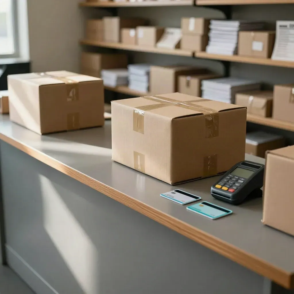 Backroom boxes, two currency cards and a payment dock on a Vancouver shop counter.