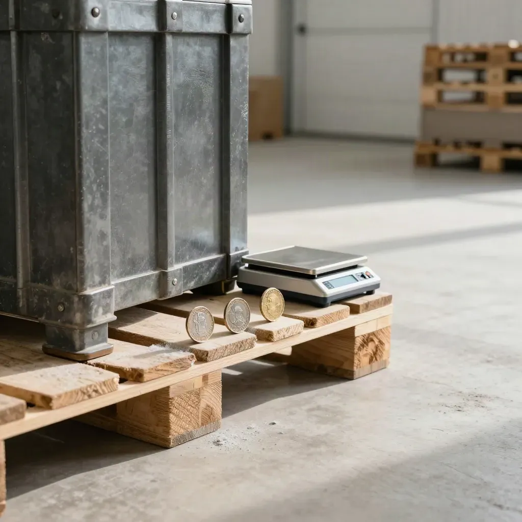 Warehouse export payout with crate corner, scale and three currency tokens on a pallet.