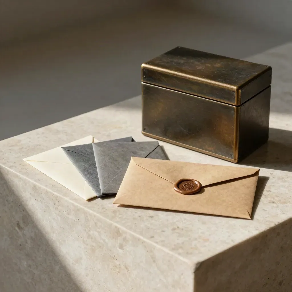 Stone dispatch table with card sleeves, grant envelope and archive box in moody morning light.