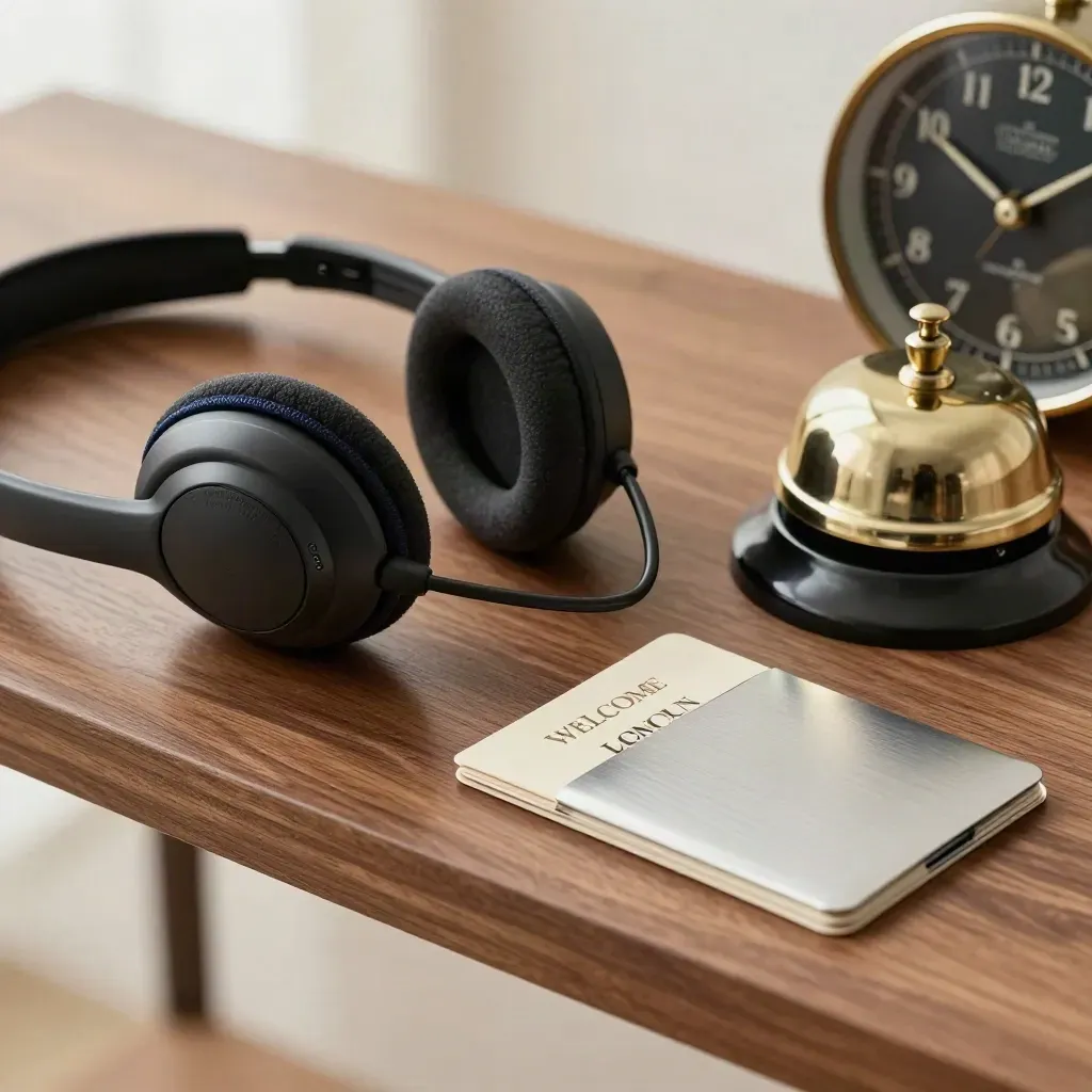 Support headset, brass bell, welcome kit and world-time clock on a walnut shelf.