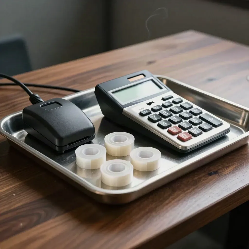 Reconciliation tray, card reader dock, tamper seal rolls and metal terminal on a dark finance bench.