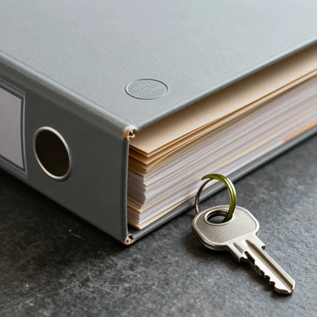Macro of security seals, archive box edge, privacy folders, and a key ring on stone