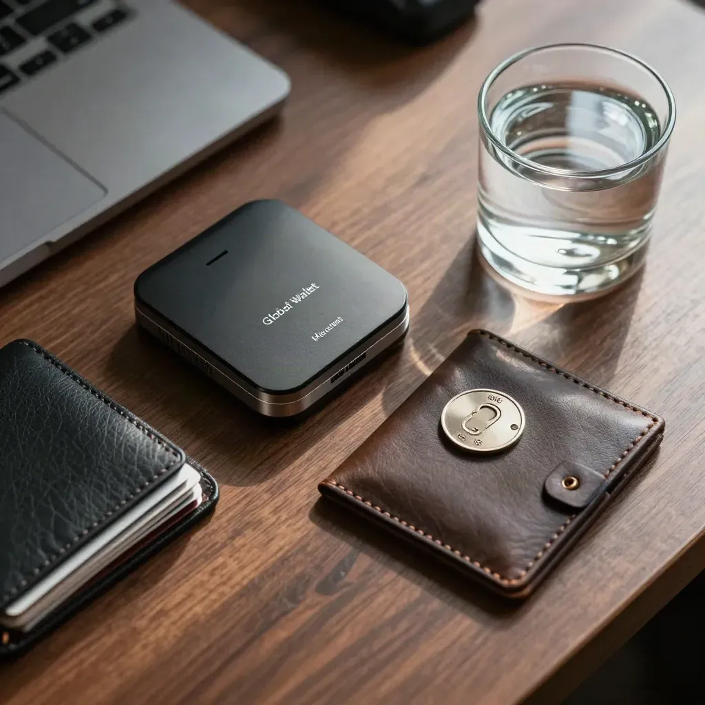 Top-down merchant payment tools and wallet accessories on a dark walnut desk