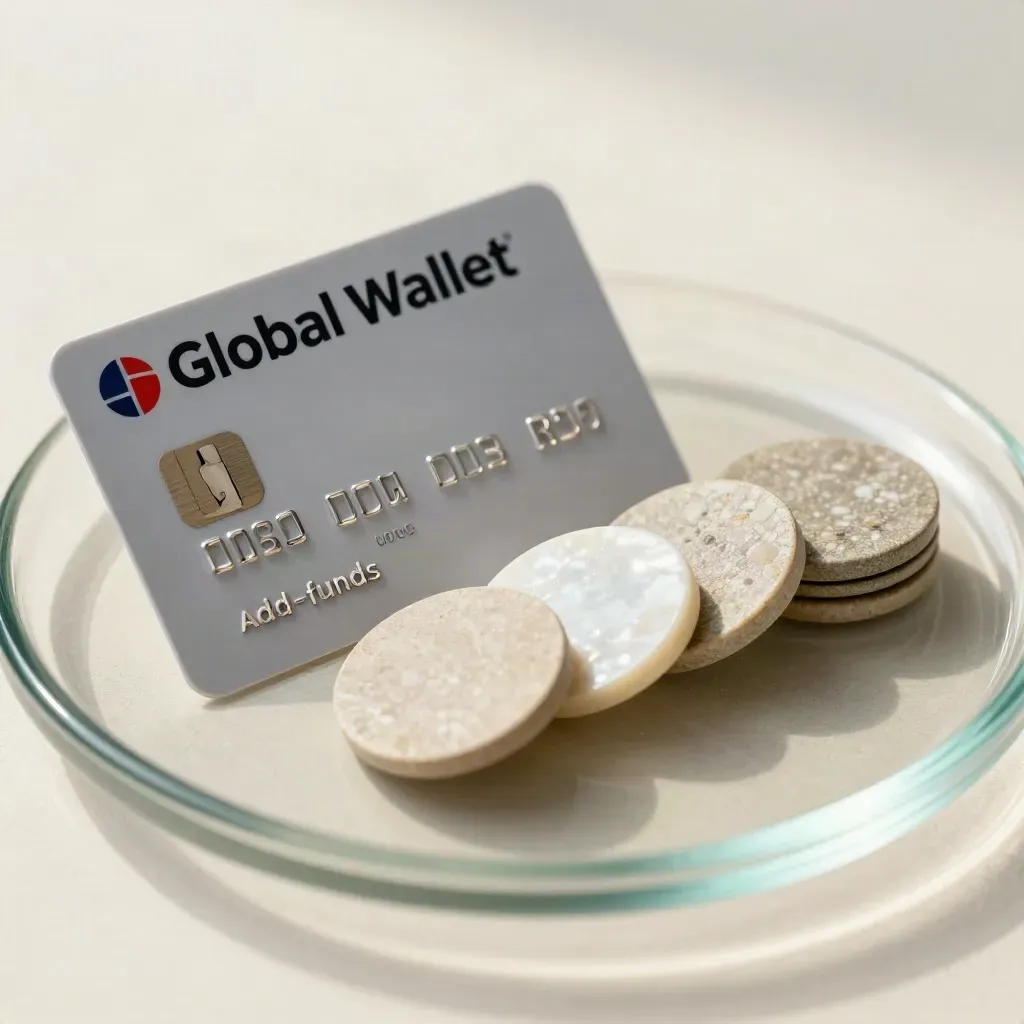 Payment card, transfer token, deposit chips and glass dish on an off-white plaster sweep.