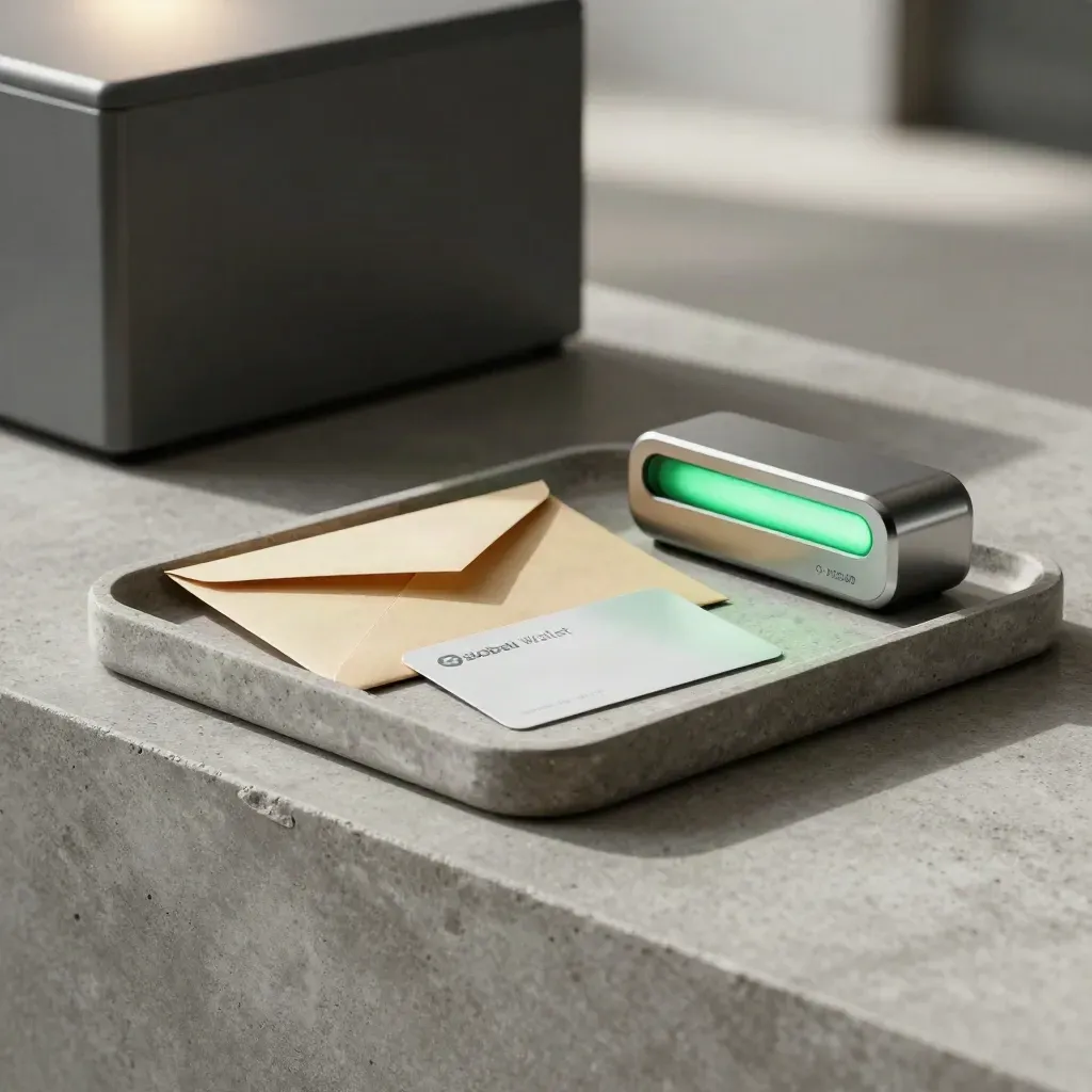 Sealed envelope, destination card and glowing status dock on a stone tray