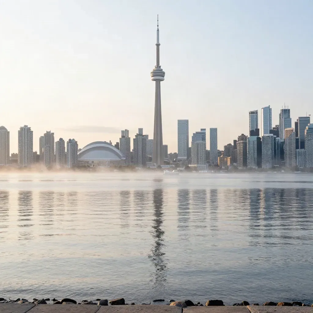Toronto skyline and CN Tower over calm Lake Ontario in warm dawn haze.
