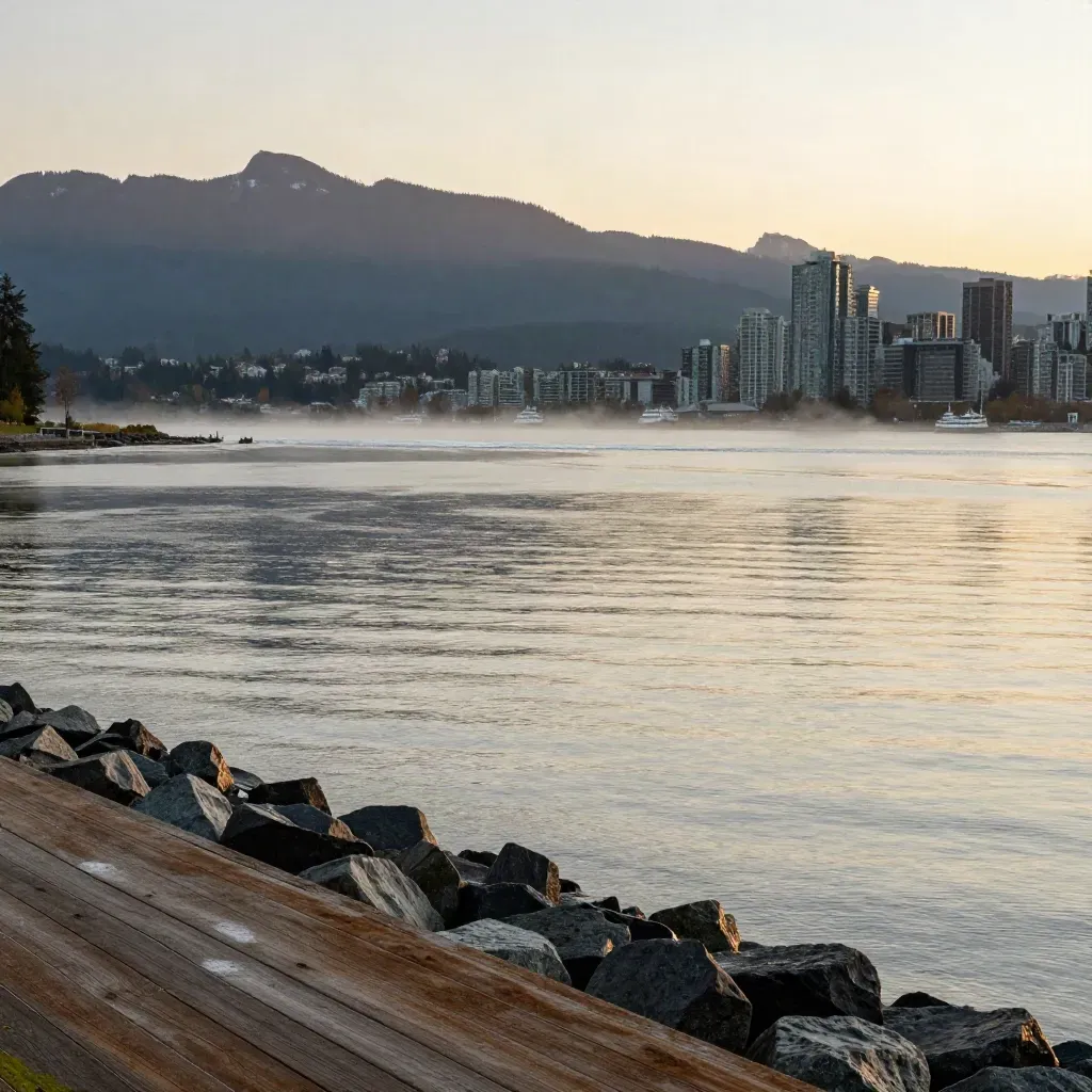 Vancouver harbour at sunset with misty mountains and calm water for copy