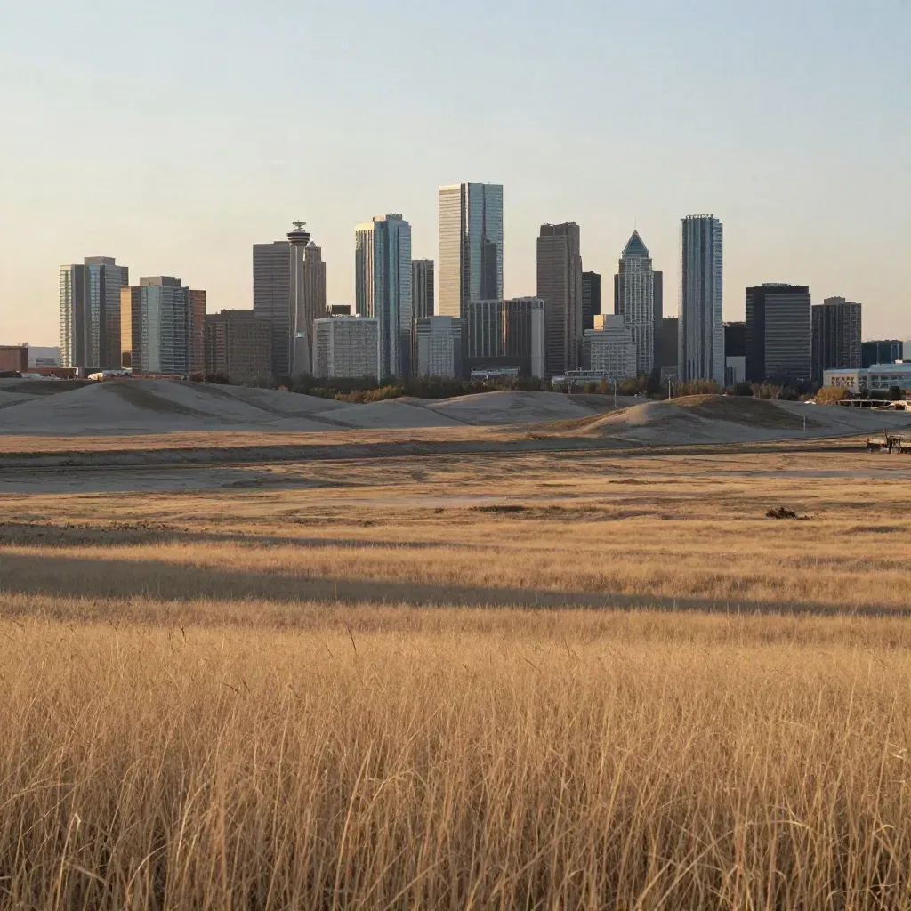 Calgary skyline over prairie grass and foothills in warm golden hour light