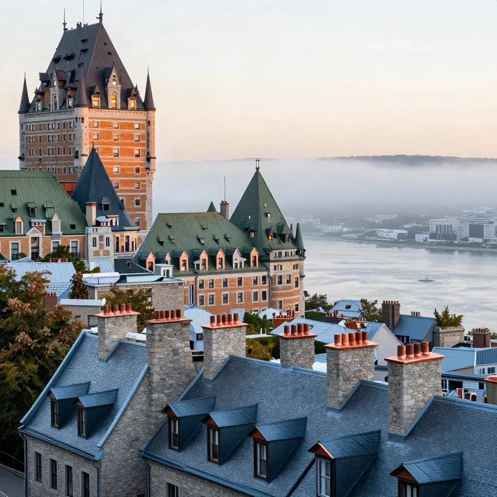 Old Quebec rooftops and Château Frontenac over misty river plain at blue hour