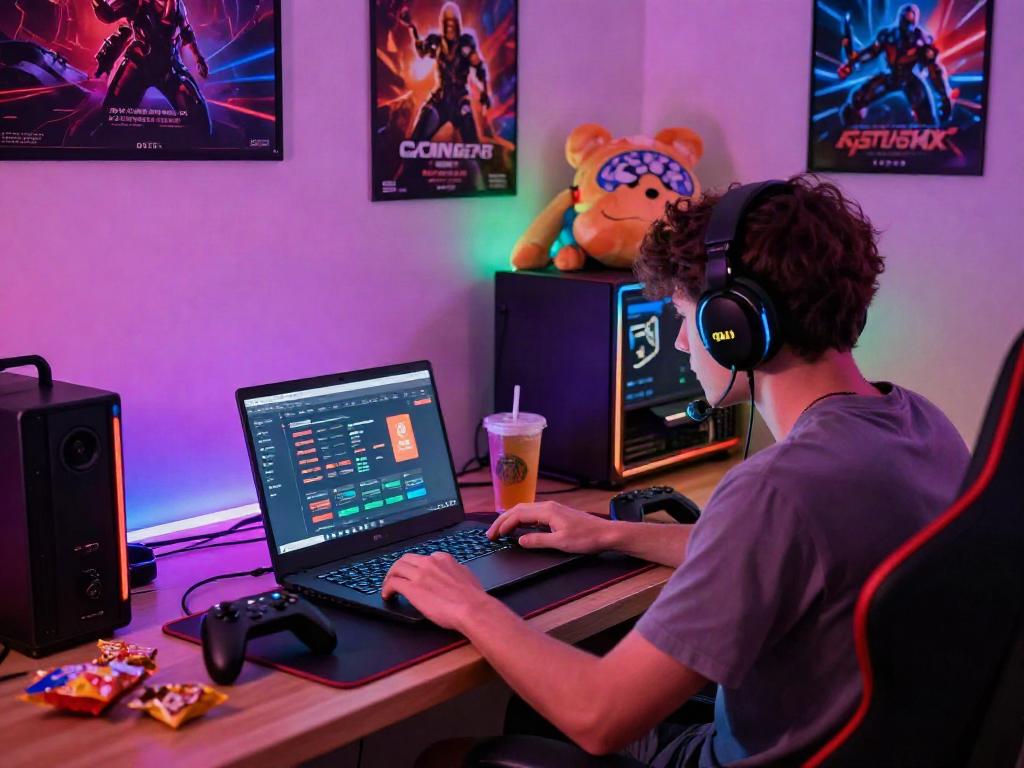 Intense gaming session featuring GEM88 platform with LED lights and gaming accessories.