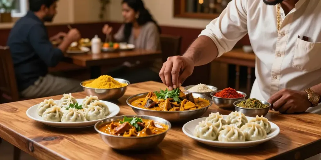 Enjoying delectable rokok88 slot dishes of Indian curry and Nepali momo in a vibrant restaurant setting.