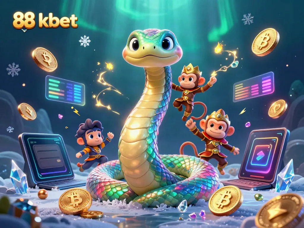 Engage with the lively 88 kbet scene featuring a colorful rainbow serpent and a monkey king in a vibrant casino atmosphere.
