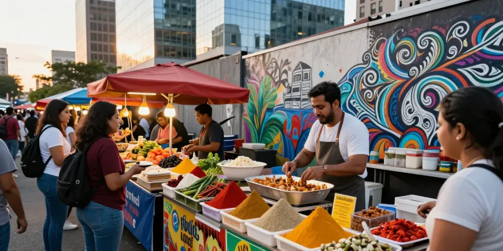 The vibrant street market scene highlights situs rokok88's lively atmosphere with vendors, fresh ingredients, and enthusiastic interactions.